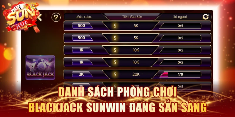 Danh sách phòng chơi Blackjack SUNWIN đang sẵn sàng